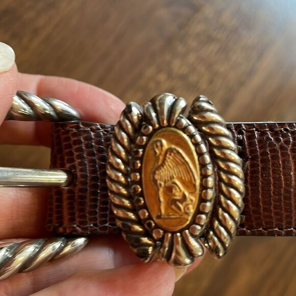 Vtg 1996 Brighton brown snakeskin look belt with silver/gold coin buckle - Picture 10 of 11